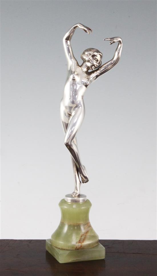 An Art Deco silvered bronze figure of a nude female dancer, probably by Josef Lorenzl, 9.5in.